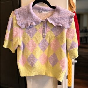 Zara Pastel Argyle Knit Top in Yellow, Lavender & Pink with Ruffle Collar